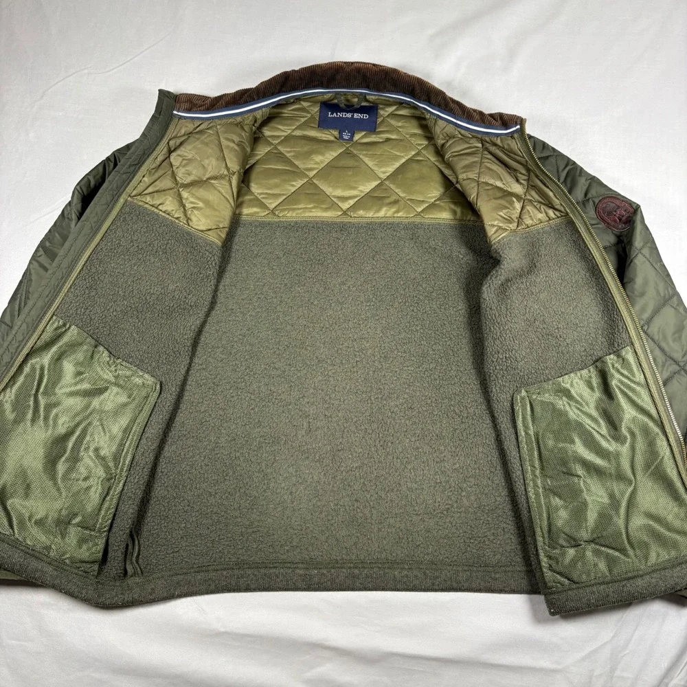 Lands End Primaloft Hybrid Quilted Jacket Mens Large Olive Green Corduroy Trim